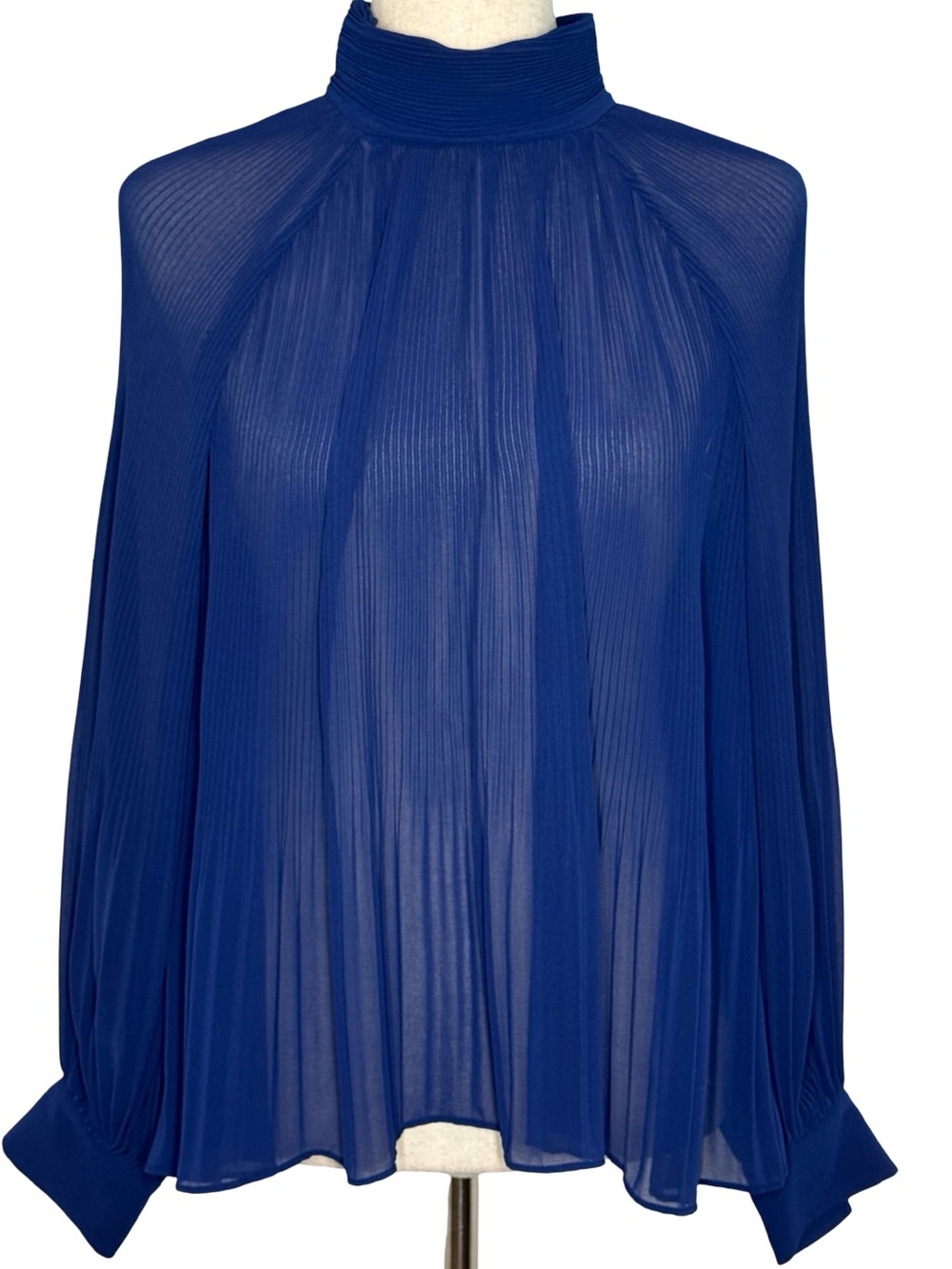 Banana Republic High-Neck Sheer Pleated Flowy Blouse Navy Blue SZ M